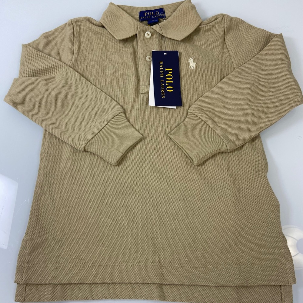 Polo Ralph Lauren Kids Boys Size 2 Khaki Cotton Mesh Long Sleeve Polo Shirt NWT